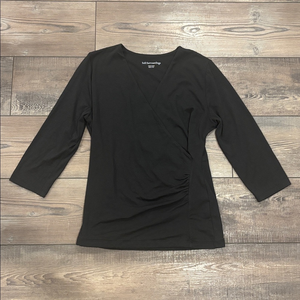 Soft Surroundings Faux Wrap Front Top Pima Cotton Black Stretch V Neck - Picture 4 of 5